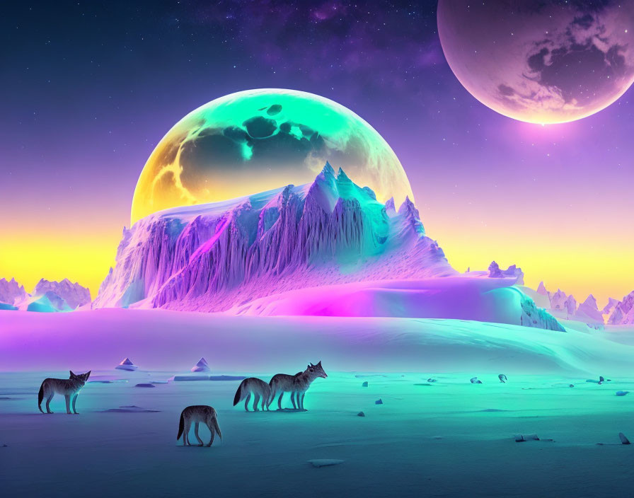 Digital artwork of wolves in snowy landscape with colorful planets above