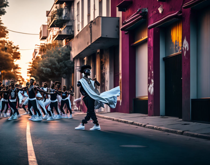 Dancers in matching outfits perform on city street at dusk