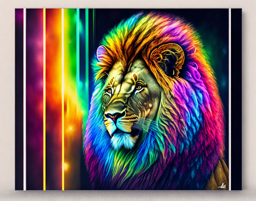 Colorful Lion's Head Artwork with Rainbow Spectrum on Canvas