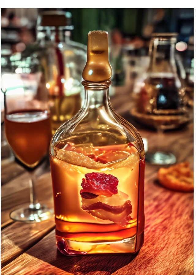 Amber-colored liquid with citrus peel and red berry garnish on bar top