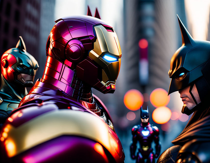 Detailed Superhero Figures Face Off in Cityscape Background