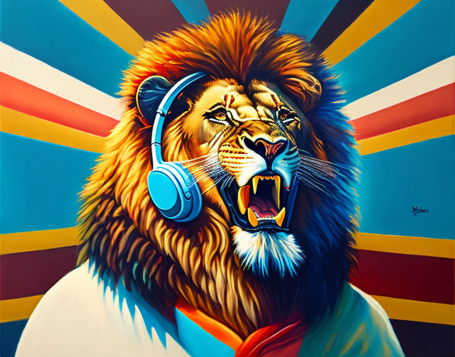 Colorful Lion Painting with Headphones on Striped Background