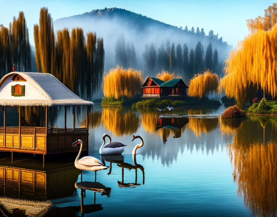 Tranquil lake scene with three swans, trees, and houseboats