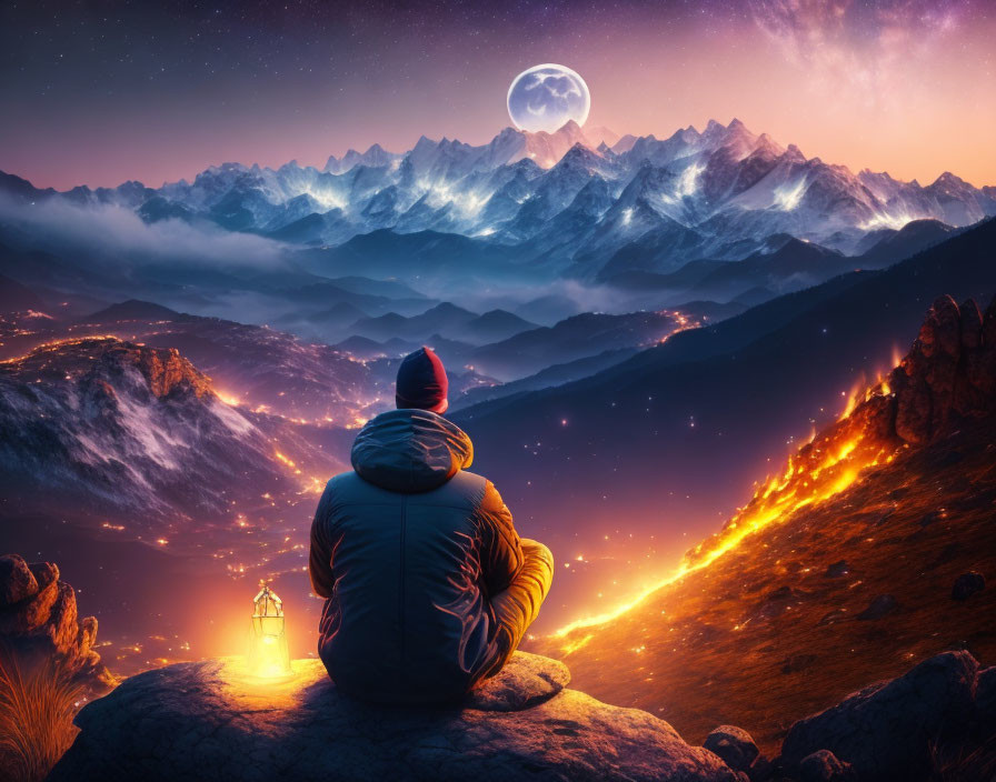 Person sitting on rocky outcrop overlooking lava river and full moon in starry sky