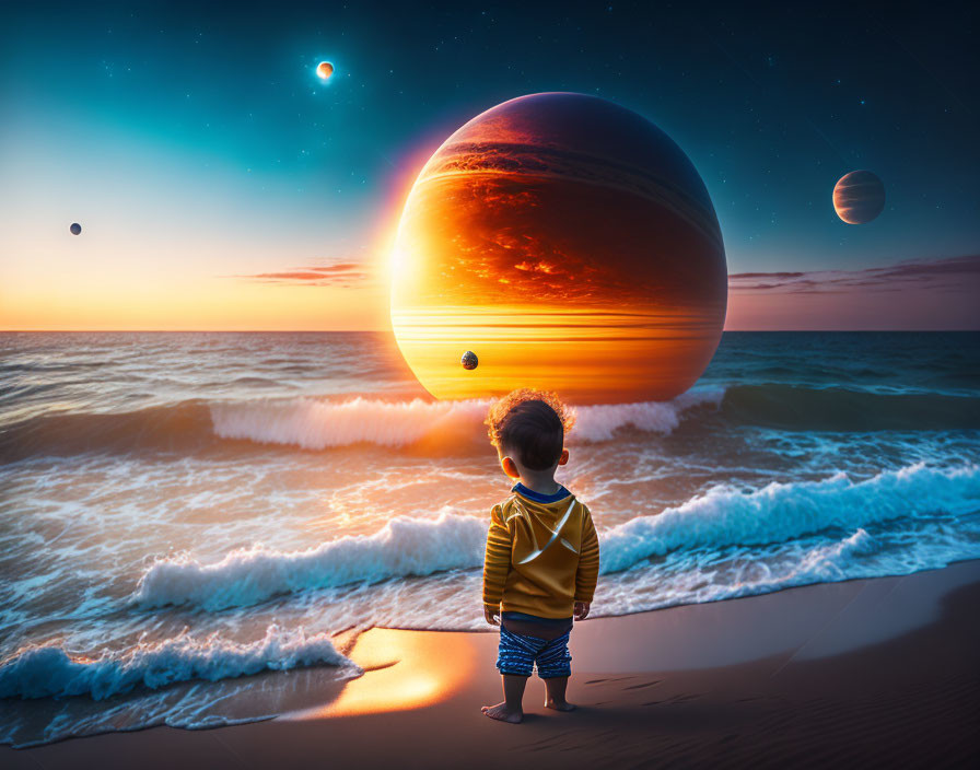 Child on Beach at Sunset with Surreal Planet and Celestial Bodies