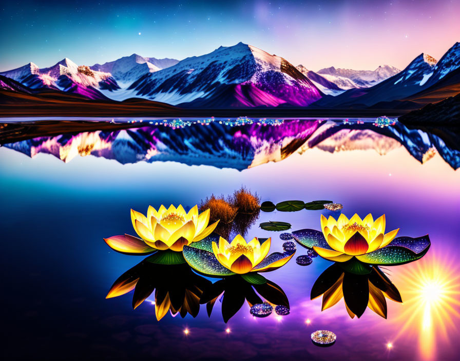 Serene lake with illuminated lotus flowers, snow-capped mountains, and colorful sky