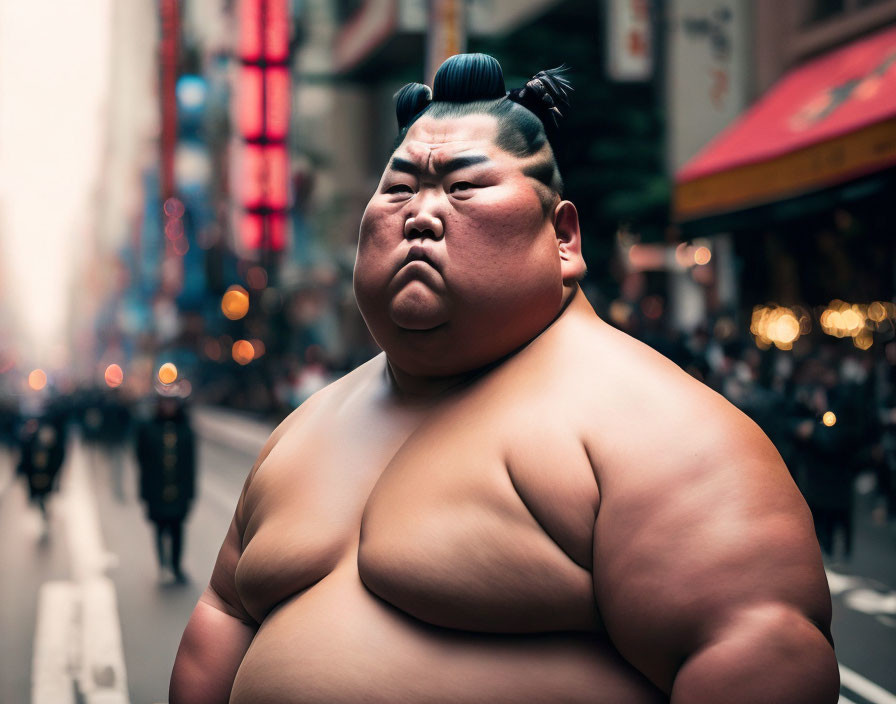 Digitally altered image: Overweight man with sumo wrestler hairstyle in city street