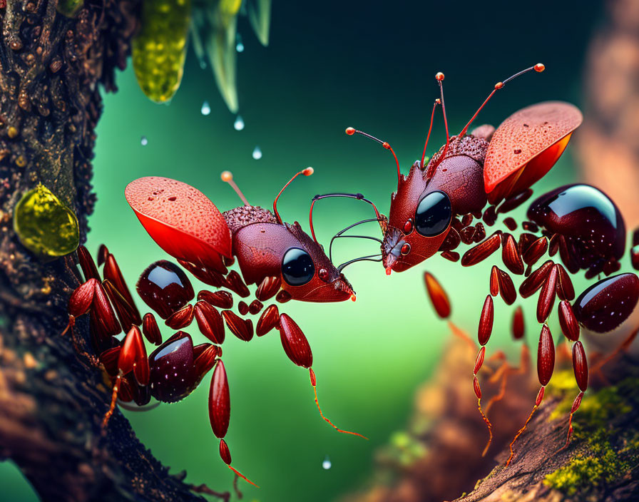 Macro shot: Two ants on water droplet-covered twig.