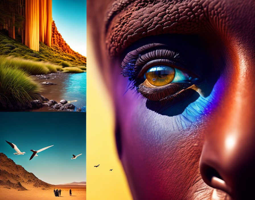 Collage featuring human eye, desert scene, and riverside view