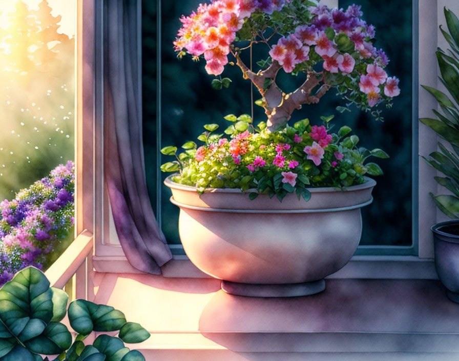 Blooming plant in pot on windowsill with sunlight filtering through leaves.