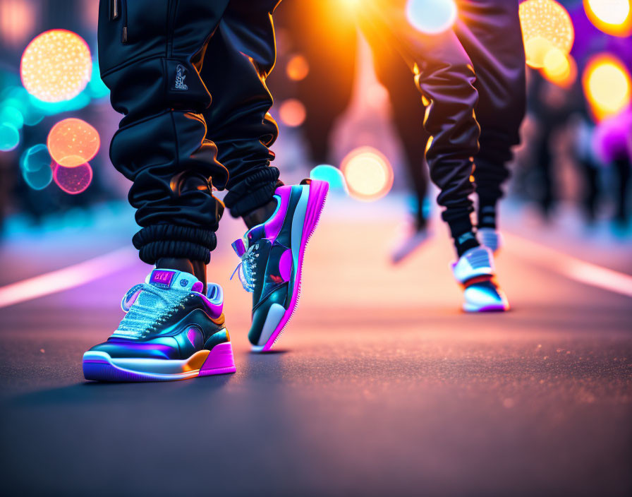 Urban street scene with two people in stylish sneakers and vibrant bokeh lights.