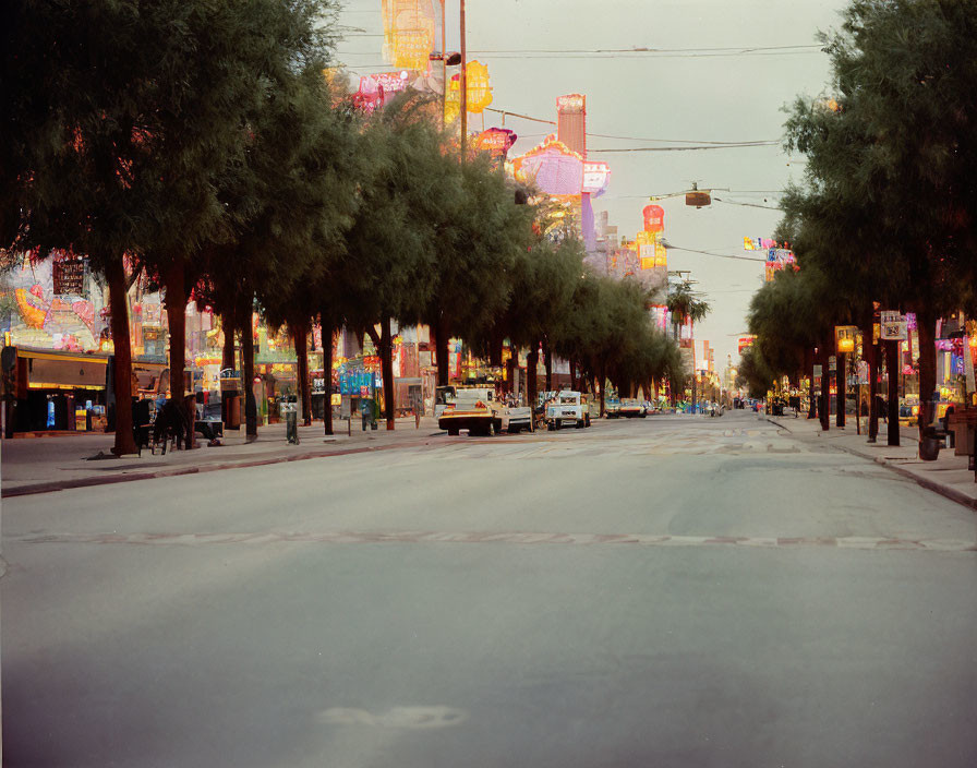 City street at dusk with trees, neon signs, cars, and pedestrians