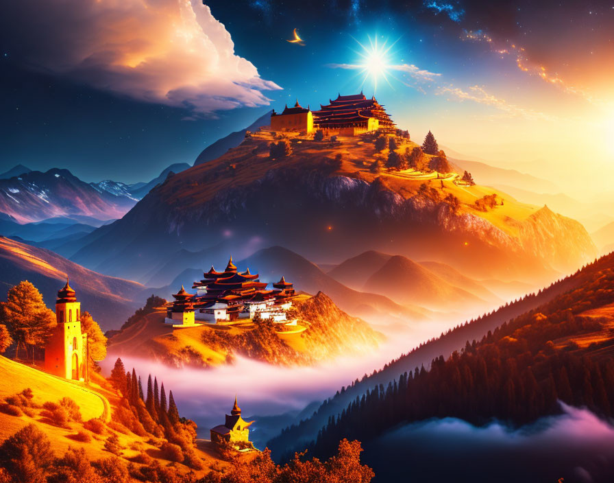 Mountain temple landscape with starry sky and clouds at twilight