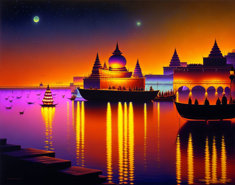 Tranquil twilight scene with Eastern architecture, calm water, boats, starry sky, and cres