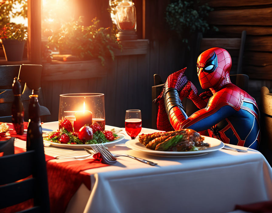 Superhero at romantic dinner with candles and wine