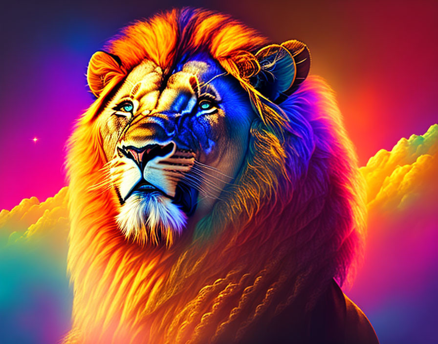 Colorful Lion Digital Artwork on Rainbow Background