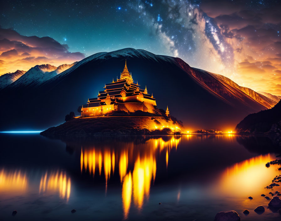 Nighttime temple by serene lake with starry sky and snowy mountain.