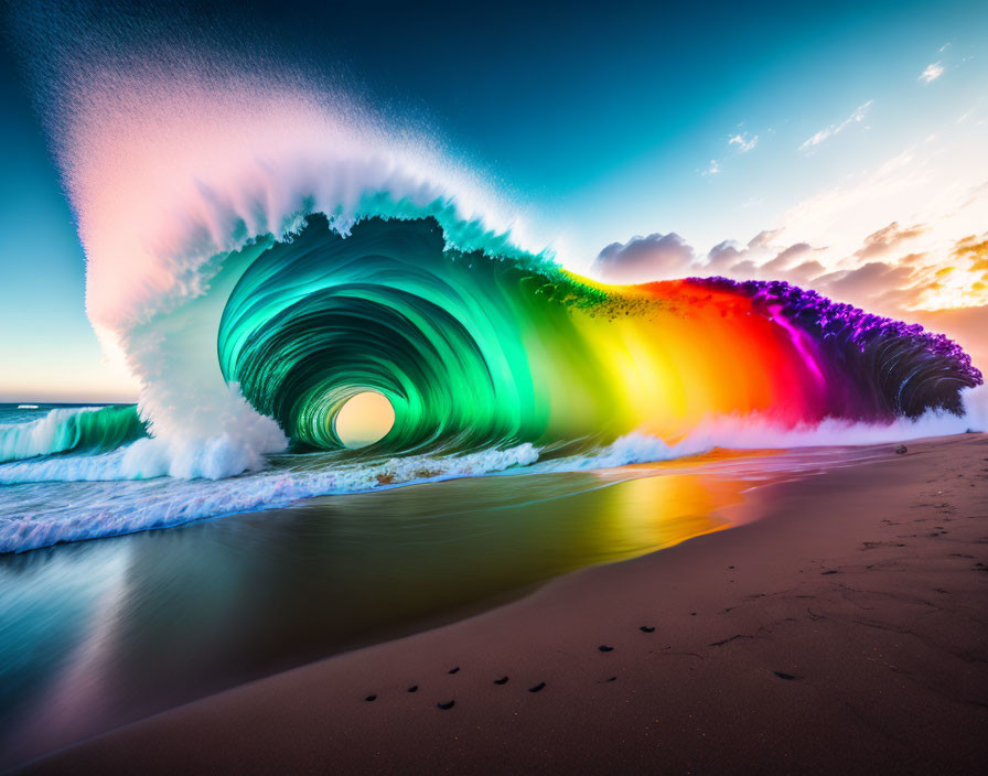 Colorful Rainbow Wave Cresting Against Sunset Sky on Sandy Beach