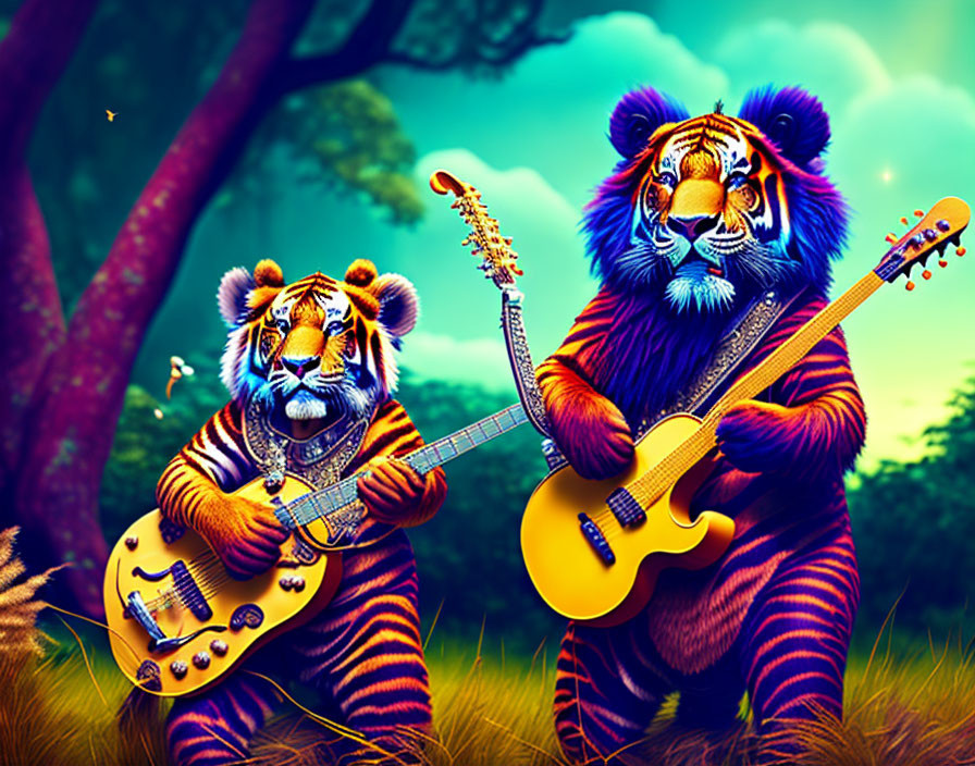 Illustrated tigers with human-like features playing guitars in vibrant forest.