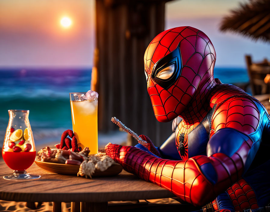 Person in Spider-Man costume at beachside table during sunset