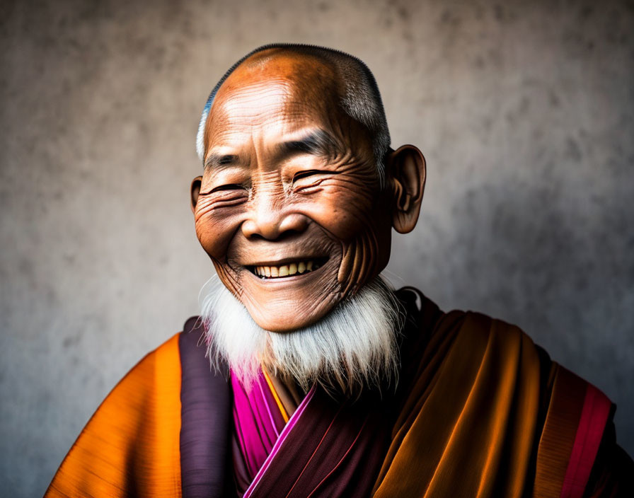 Elderly person in orange and purple traditional robes radiating peace