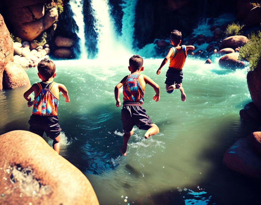 Children in life vests jumping off rocks near waterfall