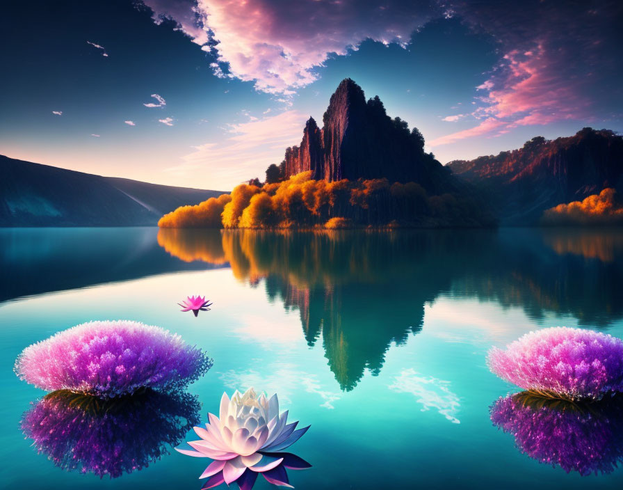 Tranquil lake with lotus flowers, autumn trees, sunset sky, and mountains