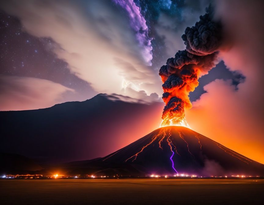 Dramatic volcanic eruption with ash plume and lightning at night