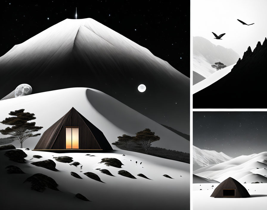 Snowy Night Scene: Cabin, Moon, Stars, Birds, Mountain