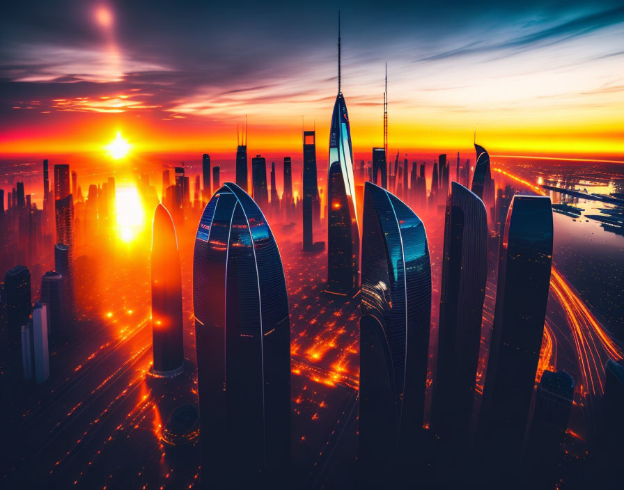 Vibrant sunset cityscape with tall skyscrapers