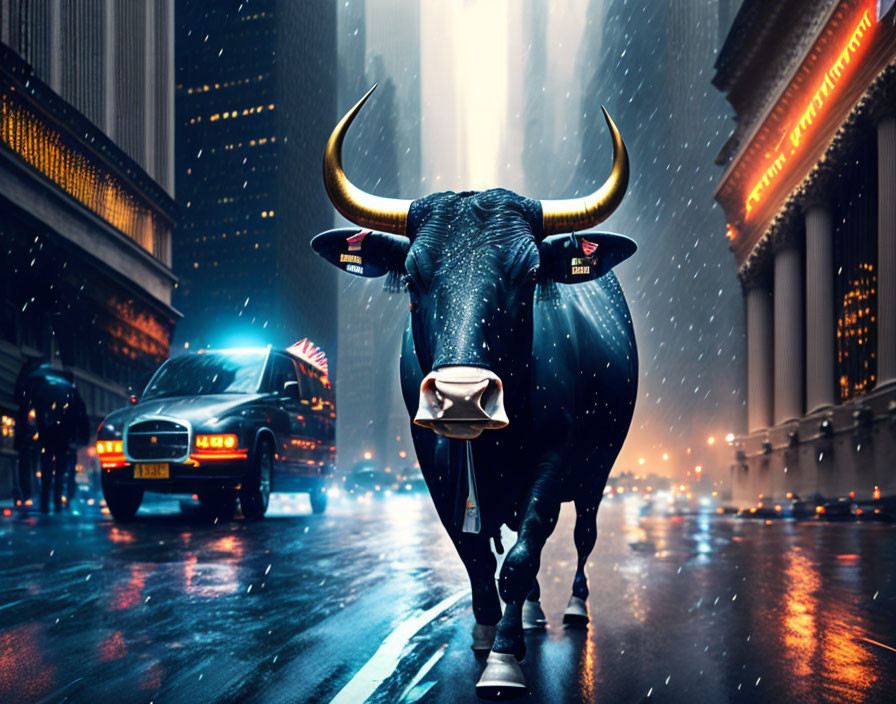 Glowing horned bull in rainy city street at night