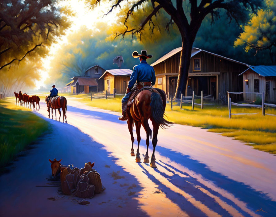 Cowboys on horses herding cattle at sunset on rural road with farm buildings and dog.