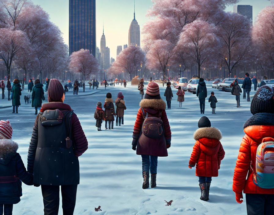 Snowy park scene: people in winter attire, bare trees, skyscrapers in background