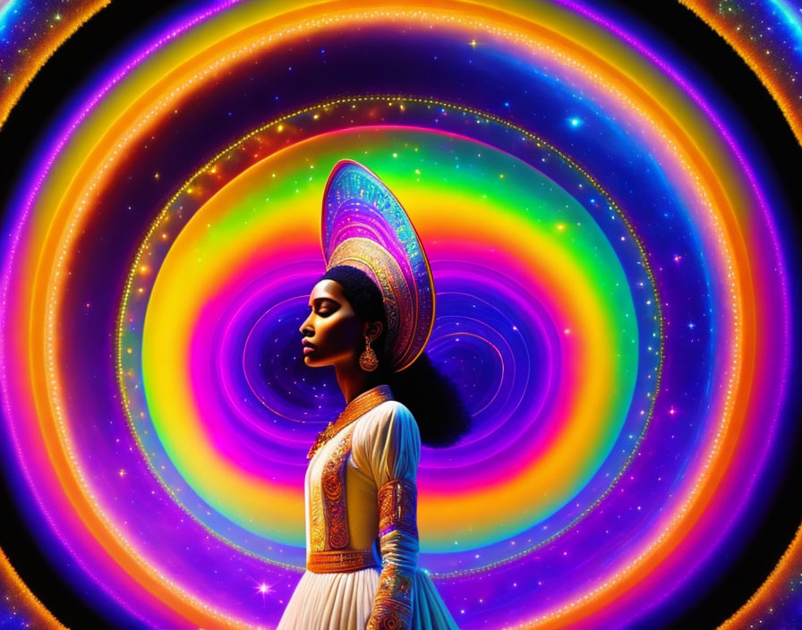 Woman in ornate attire with colorful sombrero in vibrant psychedelic swirl.