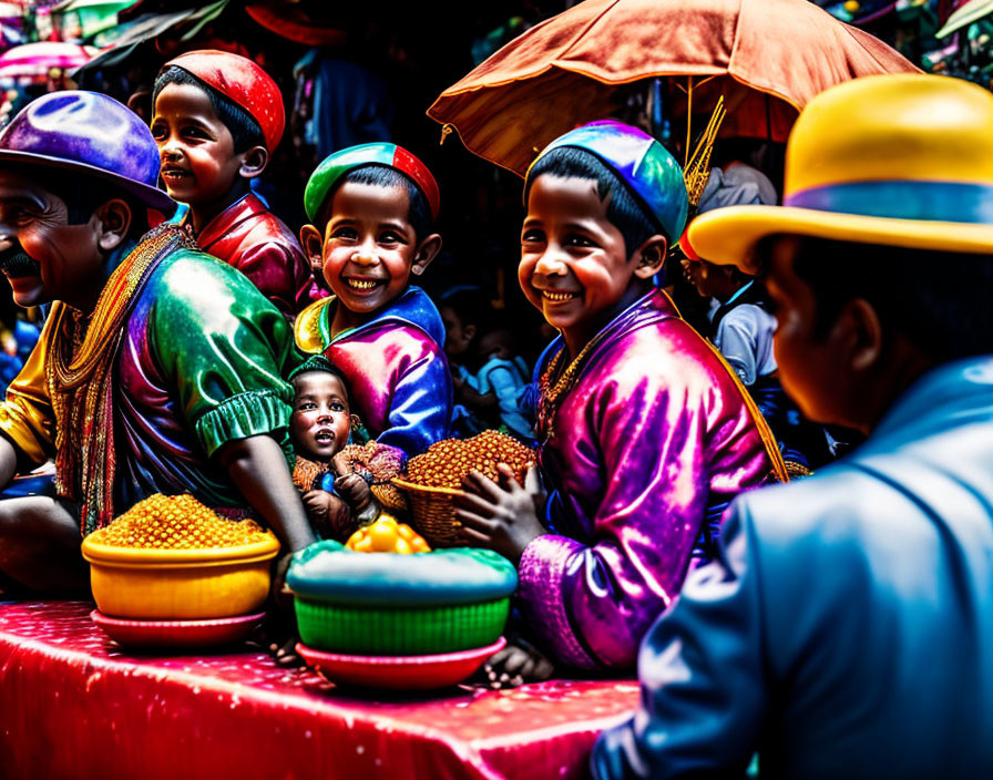 Children in Colorful Outfits Smiling Under Umbrellas at Vibrant Market