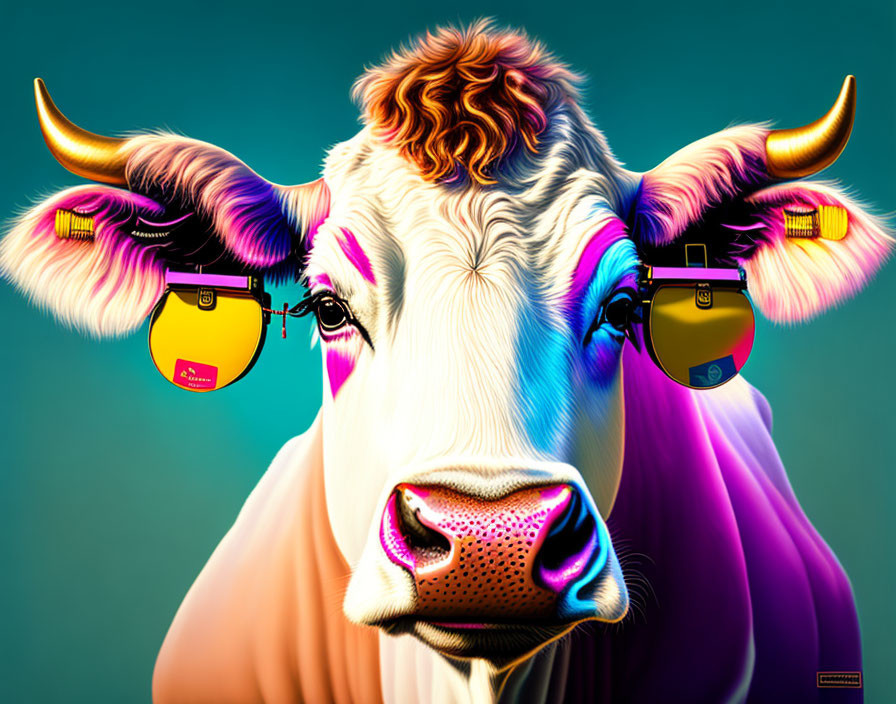 Colorful Cow Art with Funky Sunglasses on Teal Background