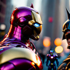 Detailed Superhero Figures Face Off in Cityscape Background