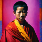 Young monk in vibrant orange and red robes against multicolored background