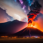 Dramatic volcanic eruption with ash plume and lightning at night