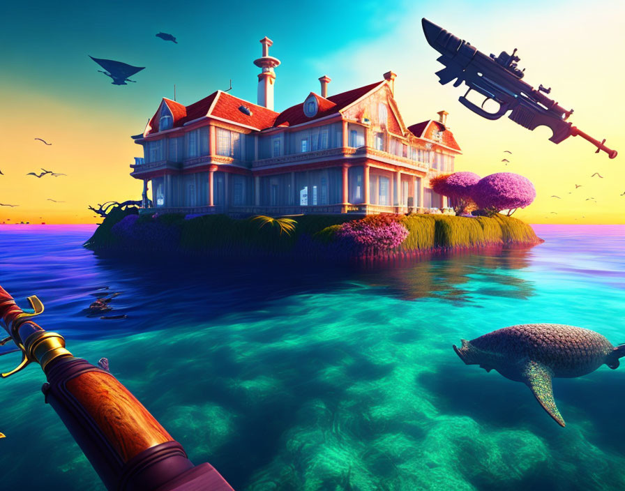 Digital artwork: Floating Victorian house on island with fish, rifle, and gunship