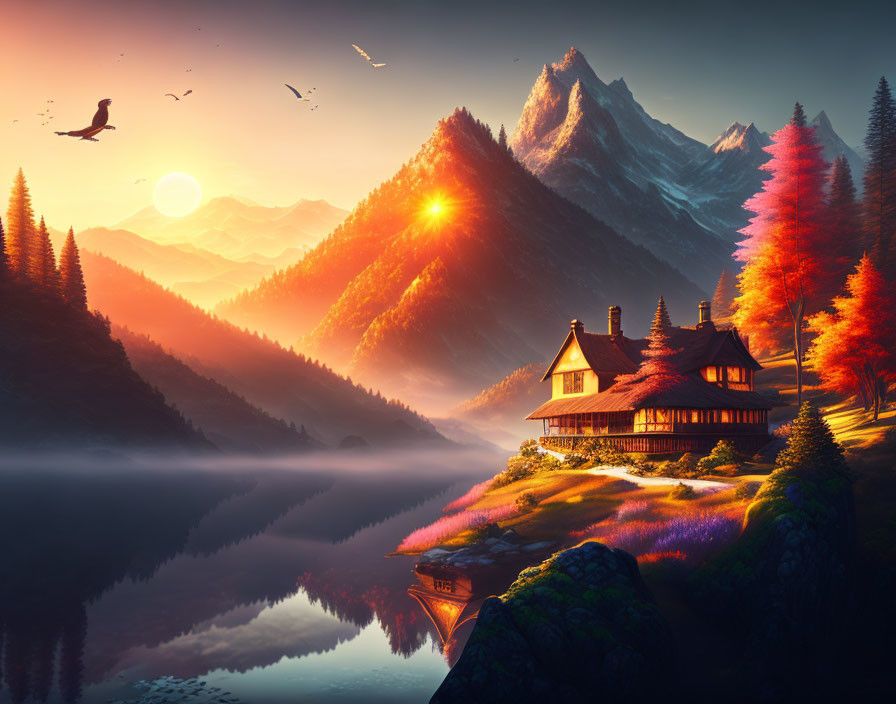 Scenic autumn landscape with house by lake, snowy mountains, birds, and sunrise