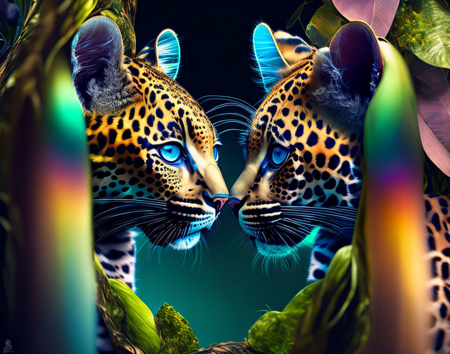 Leopards with vibrant blue eyes in lush greenery