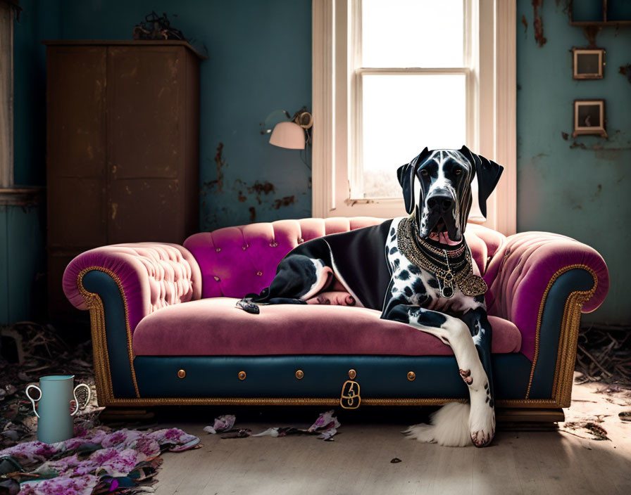 Large Great Dane on pink sofa in rundown room with peeling blue walls, fallen mug, and petals