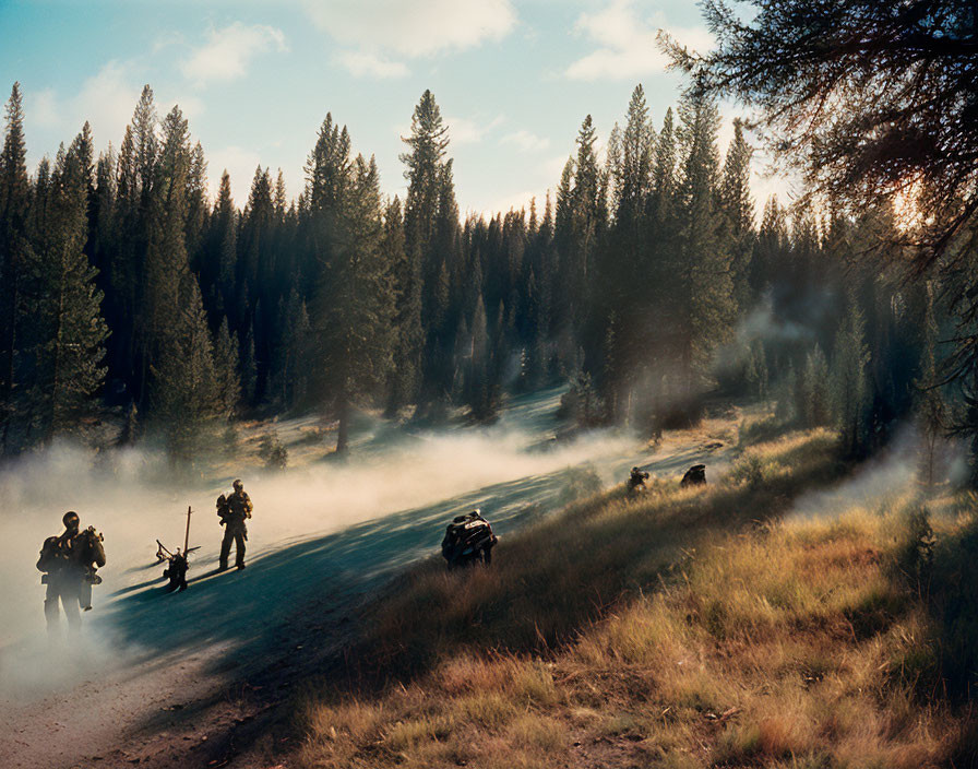 Group of People and Off-Road Vehicles on Dusty Forest Trail