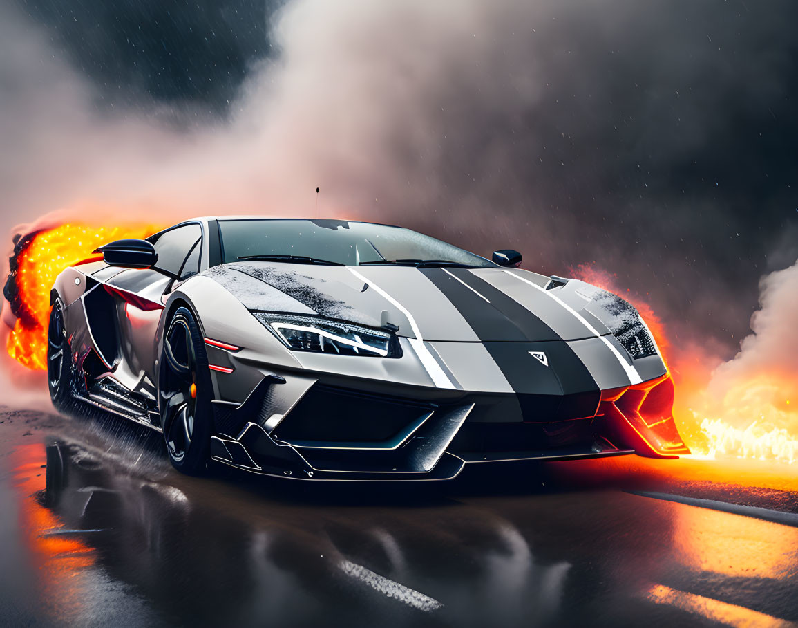 Dynamic Camouflage Paint Job on Lamborghini Aventador with Flames and Smoke Background