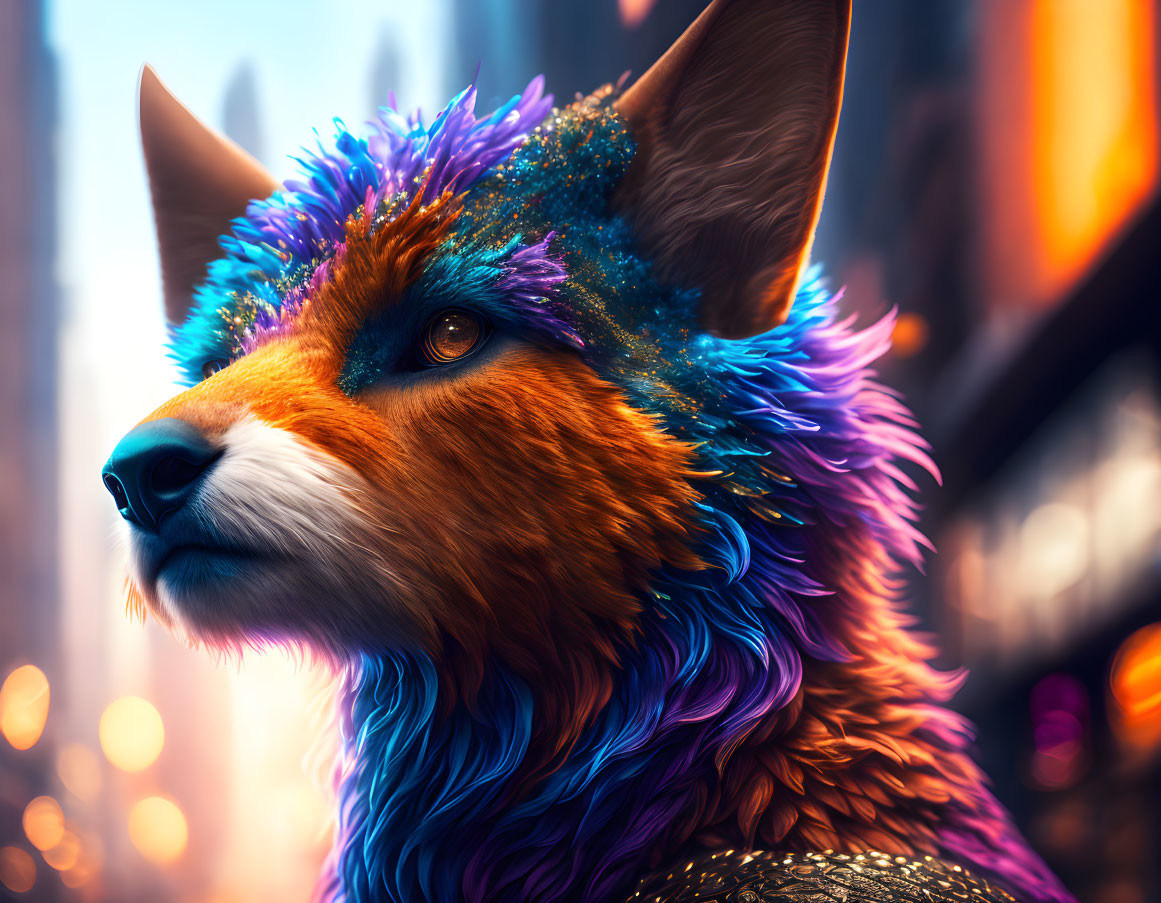 Colorful Fox with Blue and Purple Fur Against Cityscape Background