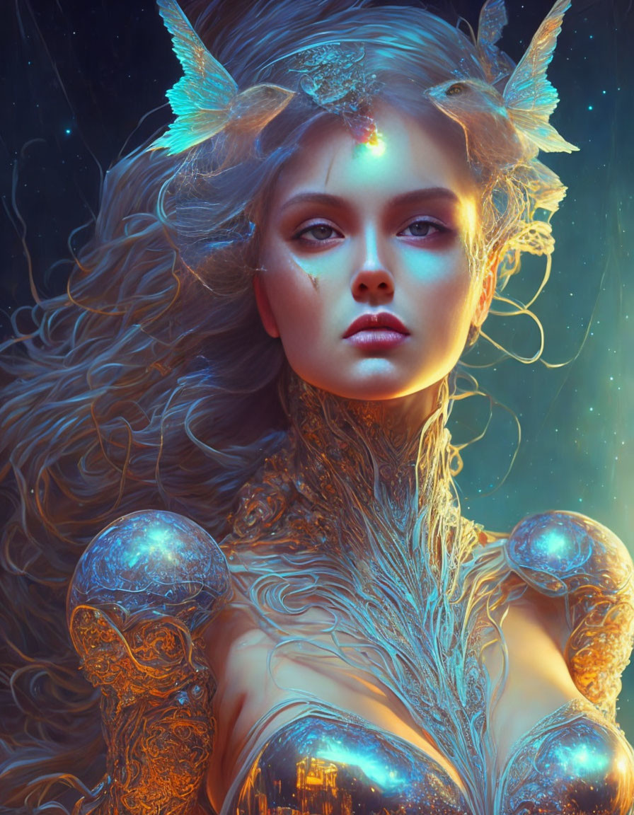 Fantastical female character with glowing horns and cosmic backdrop.