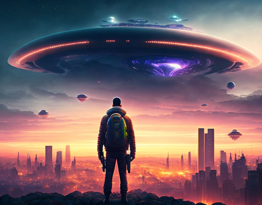 Massive UFO hovers over futuristic cityscape at sunset