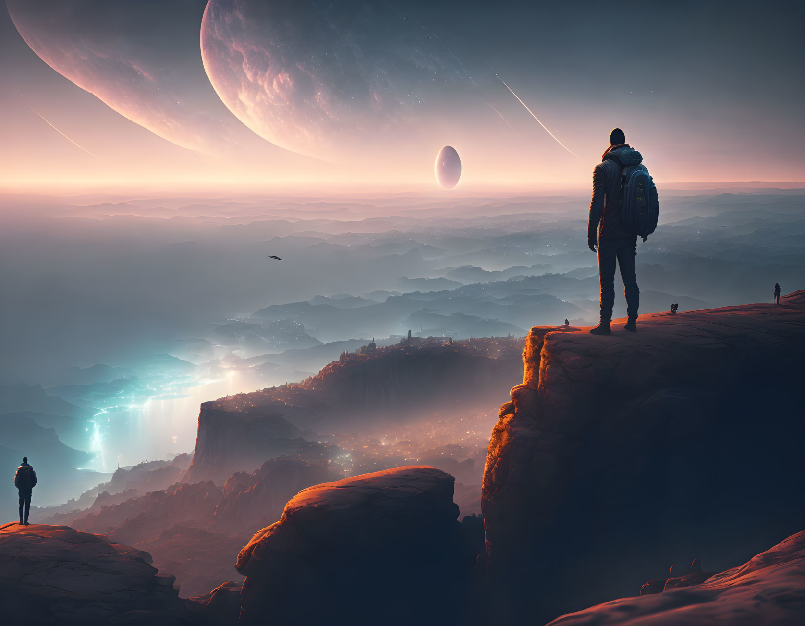 Solitary figure gazes at futuristic landscape from cliff edge