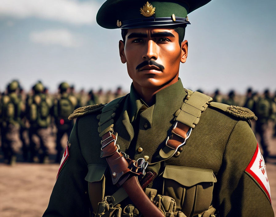 Military soldier in uniform with beret and troops in background.